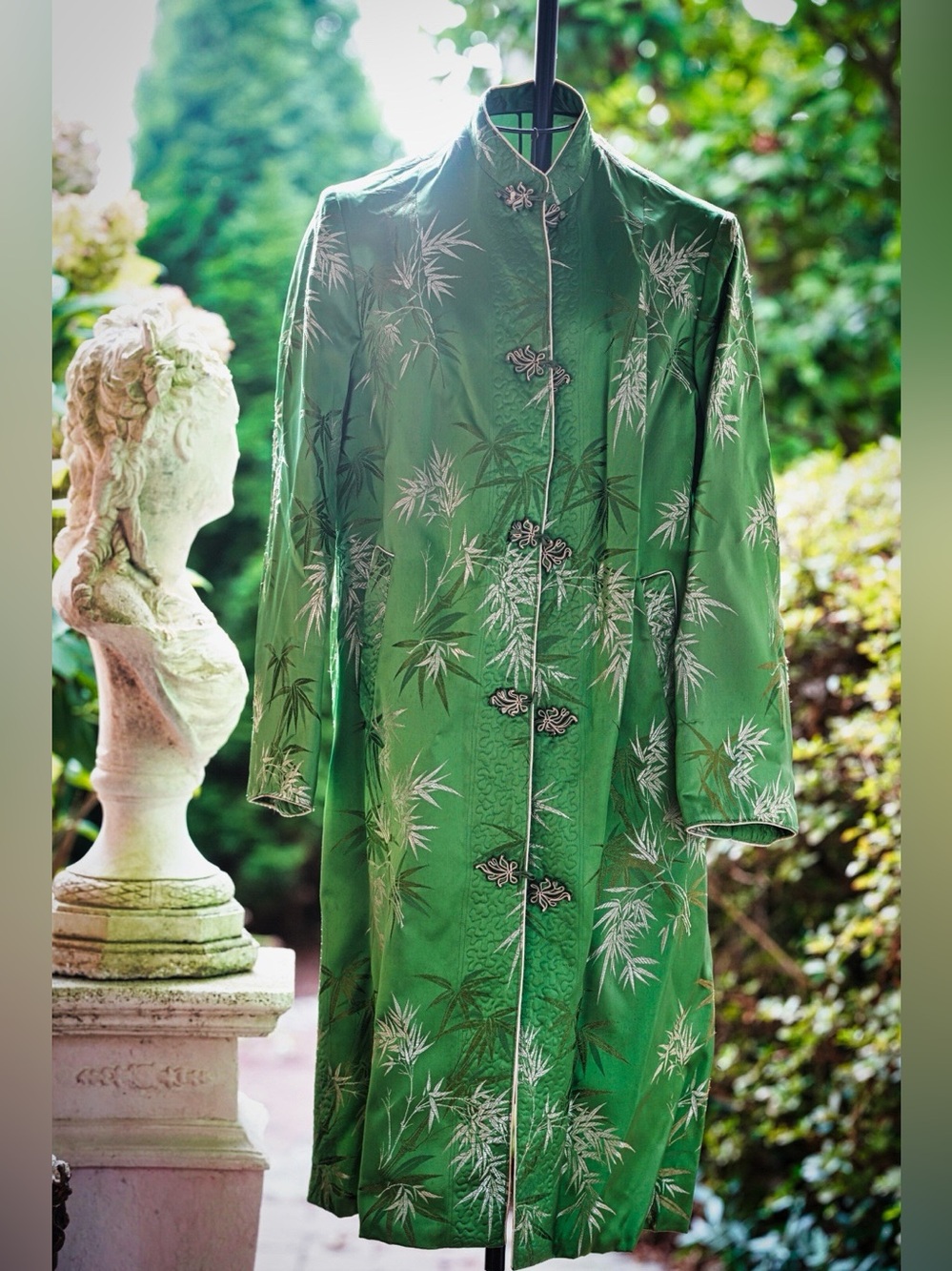 Vintage Green Bamboo Embroidered Chinese Jacket Robe Kimono Style